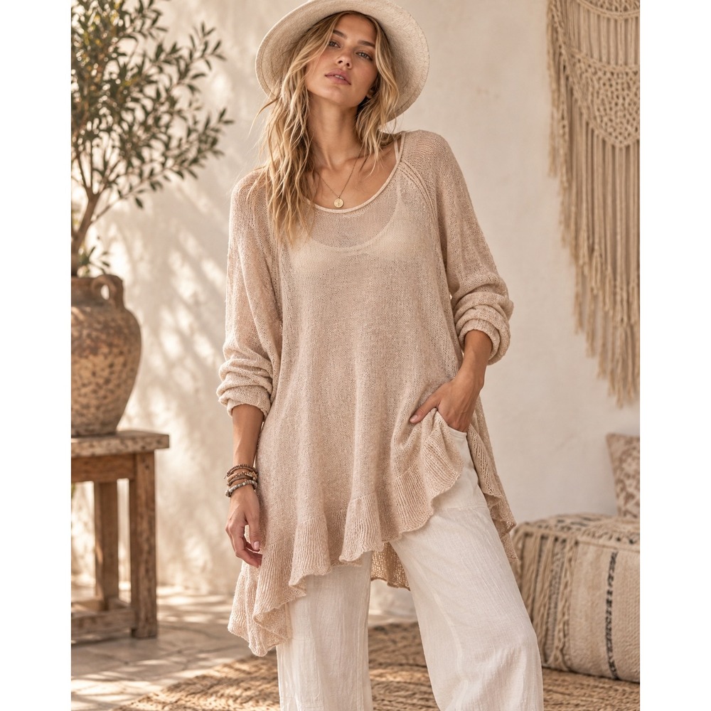 Free People Beach M Linen Ruffle Hem Tunic Sweater Lagenlook Coastal Boho